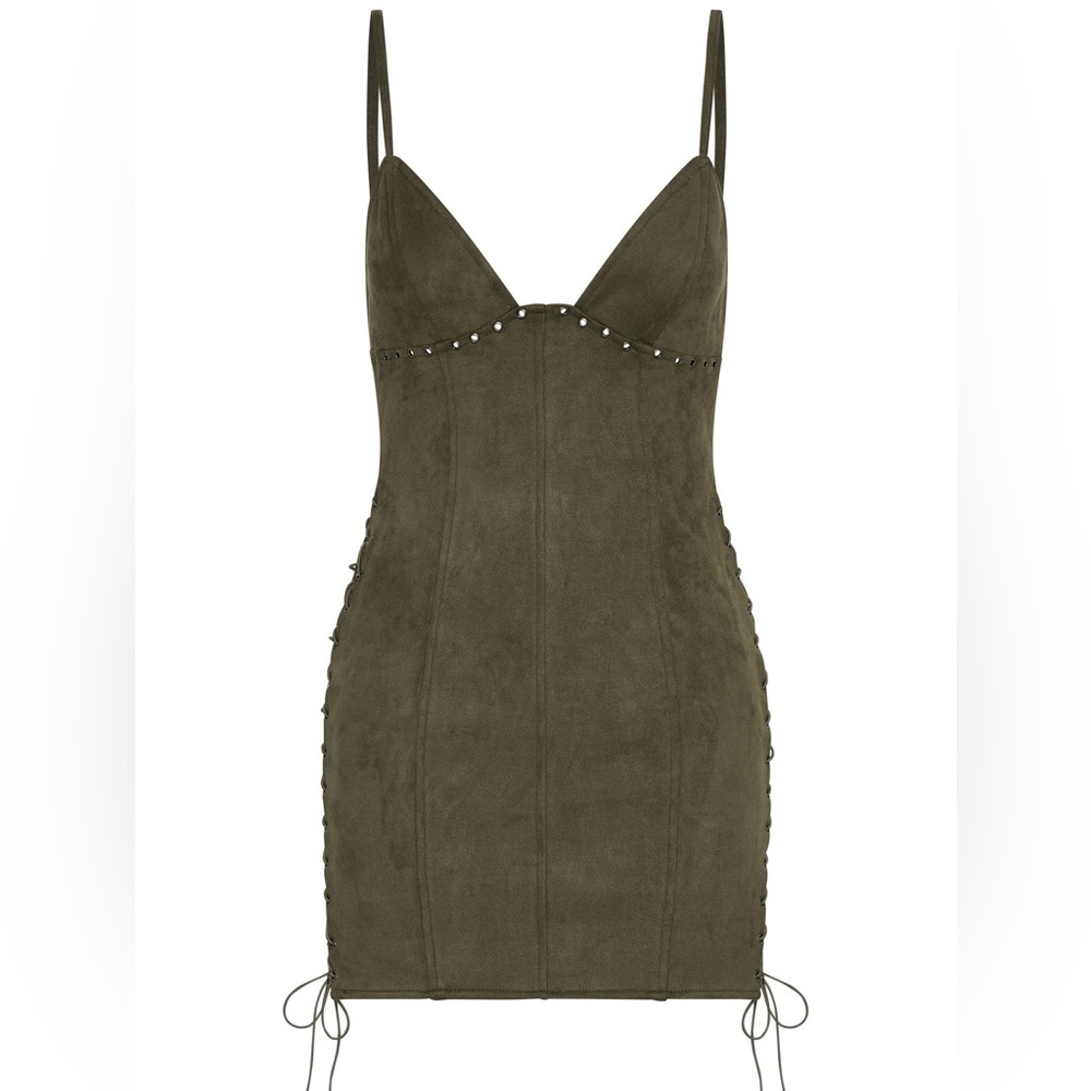 New White Fox S Bratty Faux Suede Mini Dress Cactus Olive coachella festival tie - Picture 6 of 9